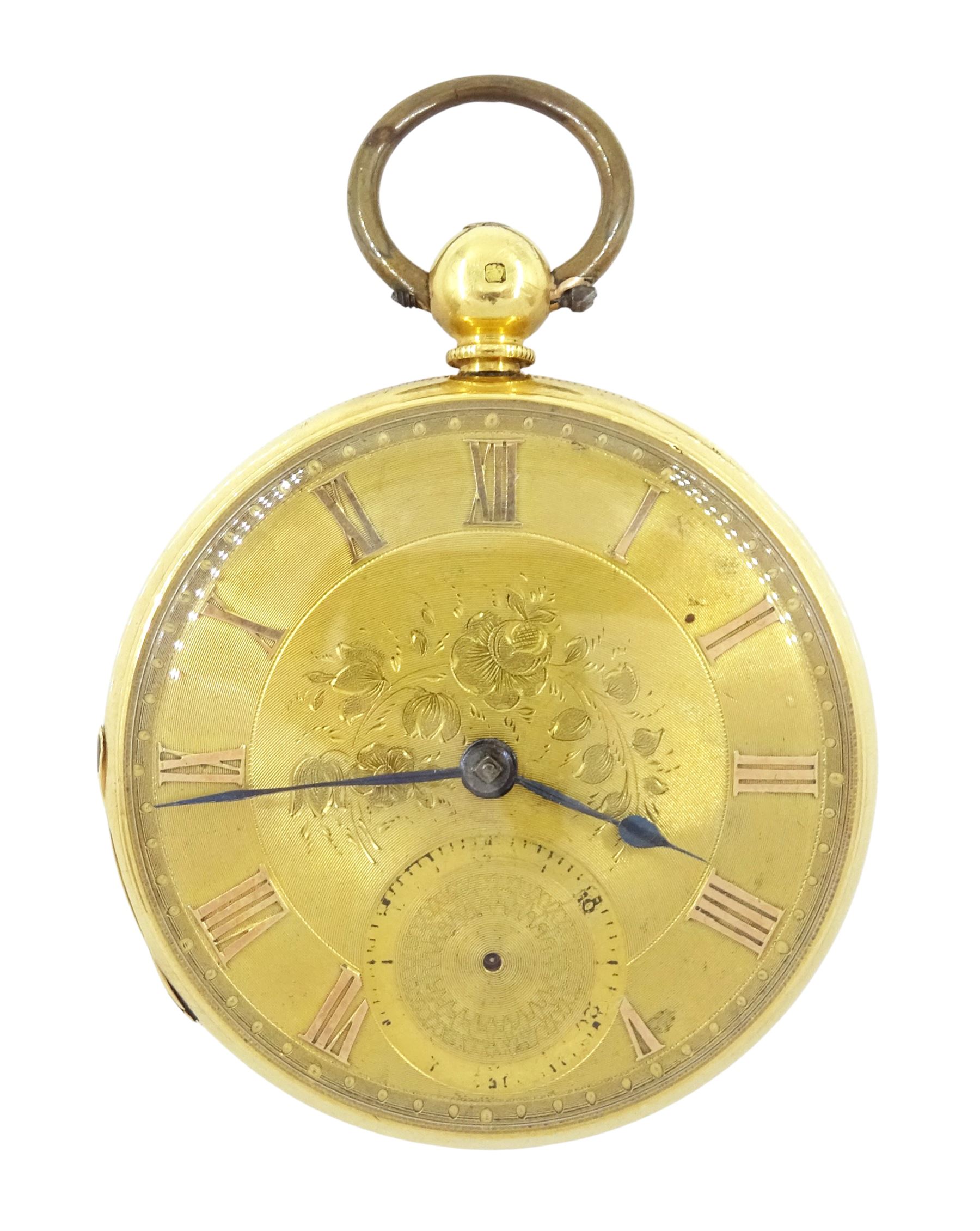 Victorian 18ct gold open face, fusee lever pocket watch, No. 12899, gilt dial with Roman numeral hour markers, engraved balance cock with diamond endstone, case with engraved foliate decoration, makers mark HS (probably Henry Stuart), Chester 1854