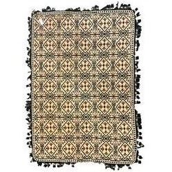 Flatweave pale ground rug, multiple panels decorated with lozenges, divided by scrolled decoration 