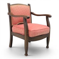 Early 20th century small oak open armchair, arched upholstered back with brass stud border...