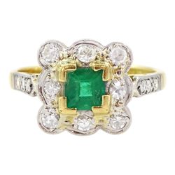 Gold square cut emerald and single cut diamond cluster ring, stamped 18ct & Plat, emerald approx 0.40 carat, total diamond weight approx 0.30 carat
