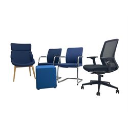 Elite - black office swivel chair (W61cm H98cm); together with Elite - pair office armchairs and high back office chair, upholstered in navy blue; and office cube