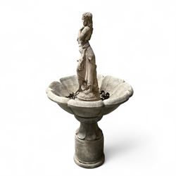 Cast stone garden centre-piece bird bath with raised female figure