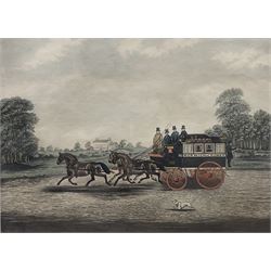 After James Pollard (British 1792-1862): 'The Taglioni Windsor Coach'; 'Royal Mail Coach'; 'The Royal Mails Preparing to Start' and 'The Unicorn Norwich Coach', set four 19th coloured engravings pub. 1824-1837 max 43cm x 59cm (4)