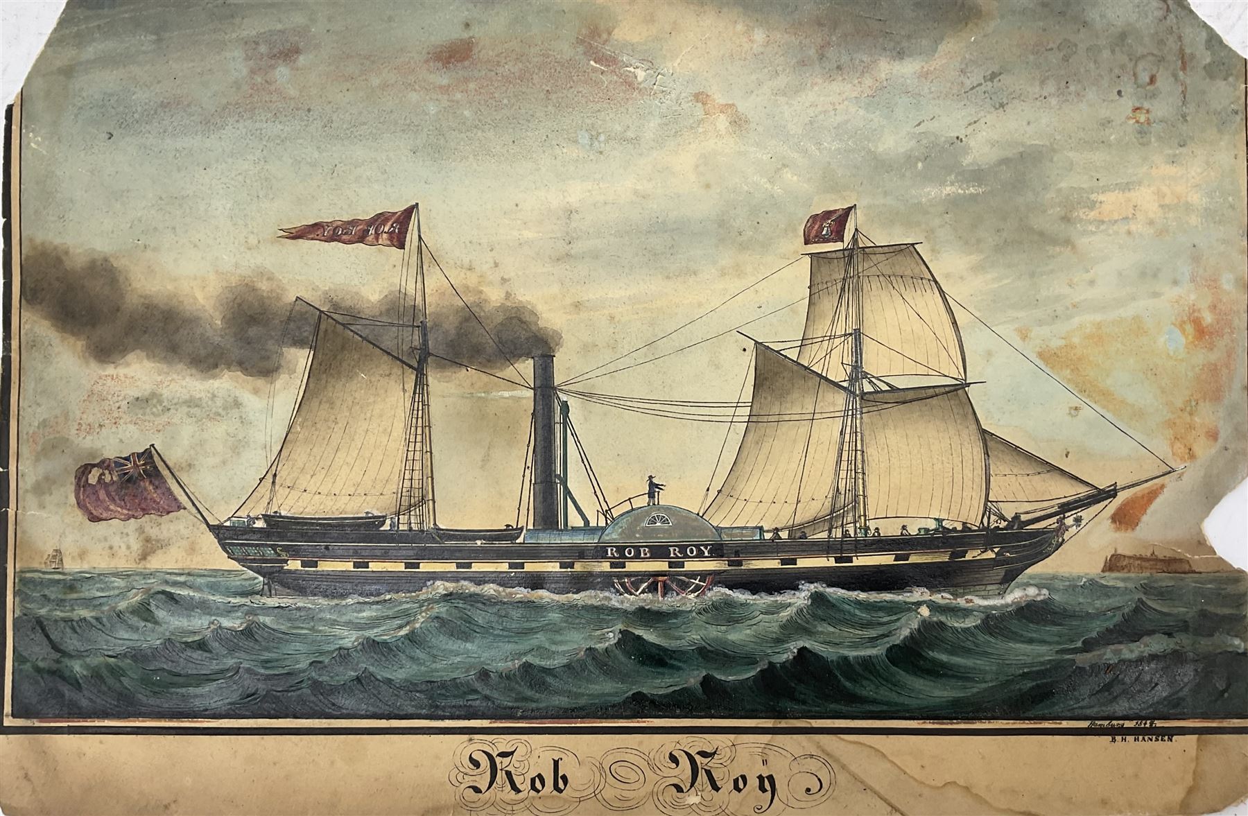 Broder Heinrich Hansen (German c.1811-1851): 'Rob Roy' Ship's Portrait, watercolour signed titled and dated 1844 Hamburg 24cm x 35cm (unframed)