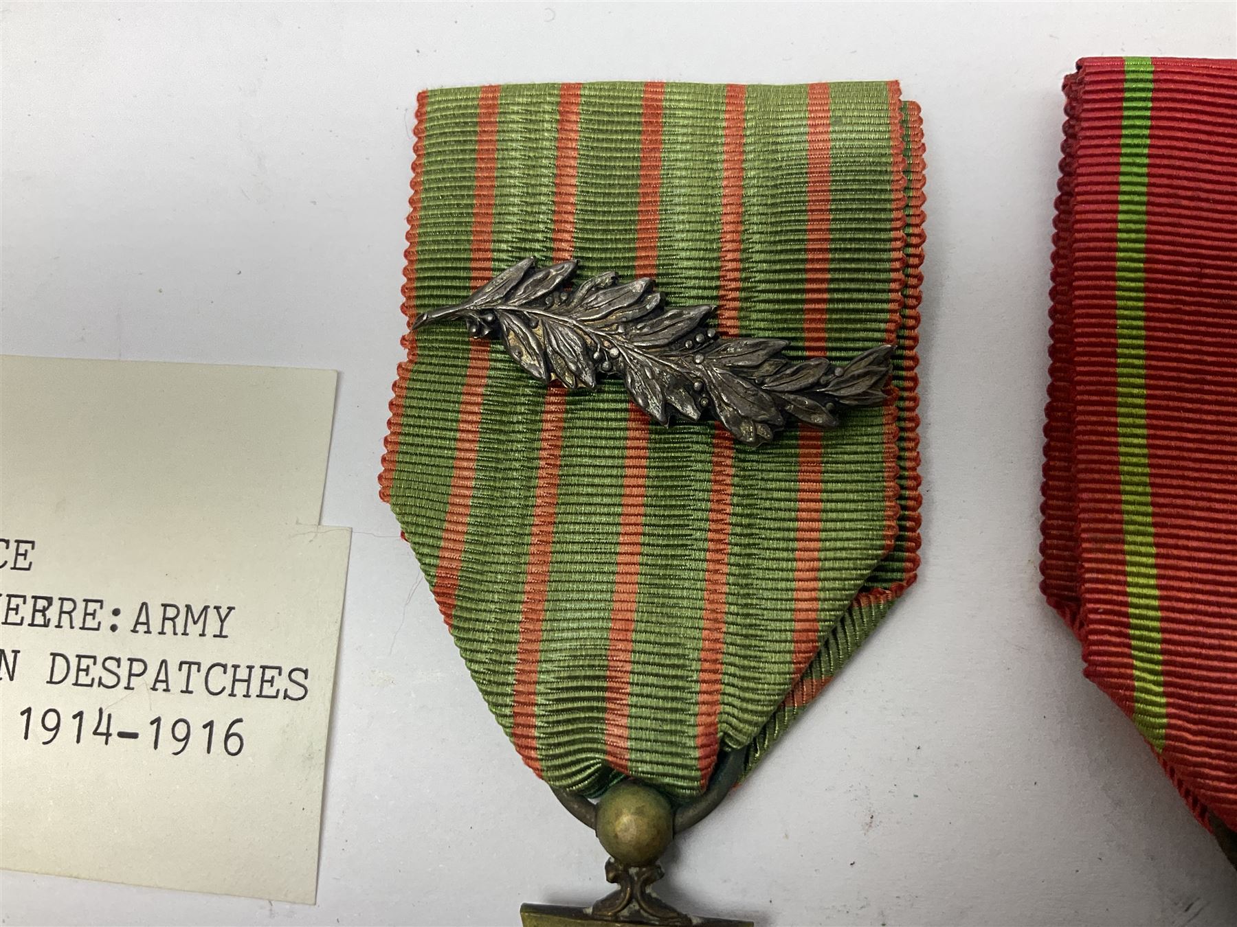 WWI French 1914-1916 Croix de Guerre with MID leaf and ribbon; and WWI Belgian 1914-1918 Croix de Guerre with ribbon (2)