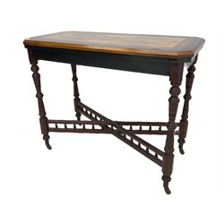 Late Victorian figured walnut and amboyna card-table, rectangular fold over top with baize lining, on turned supports joined by x framed balustrade stretchers