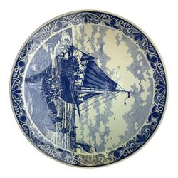 Ten Delft and similar chargers, including Delfts Blauw and Boch examples, largest D40cm