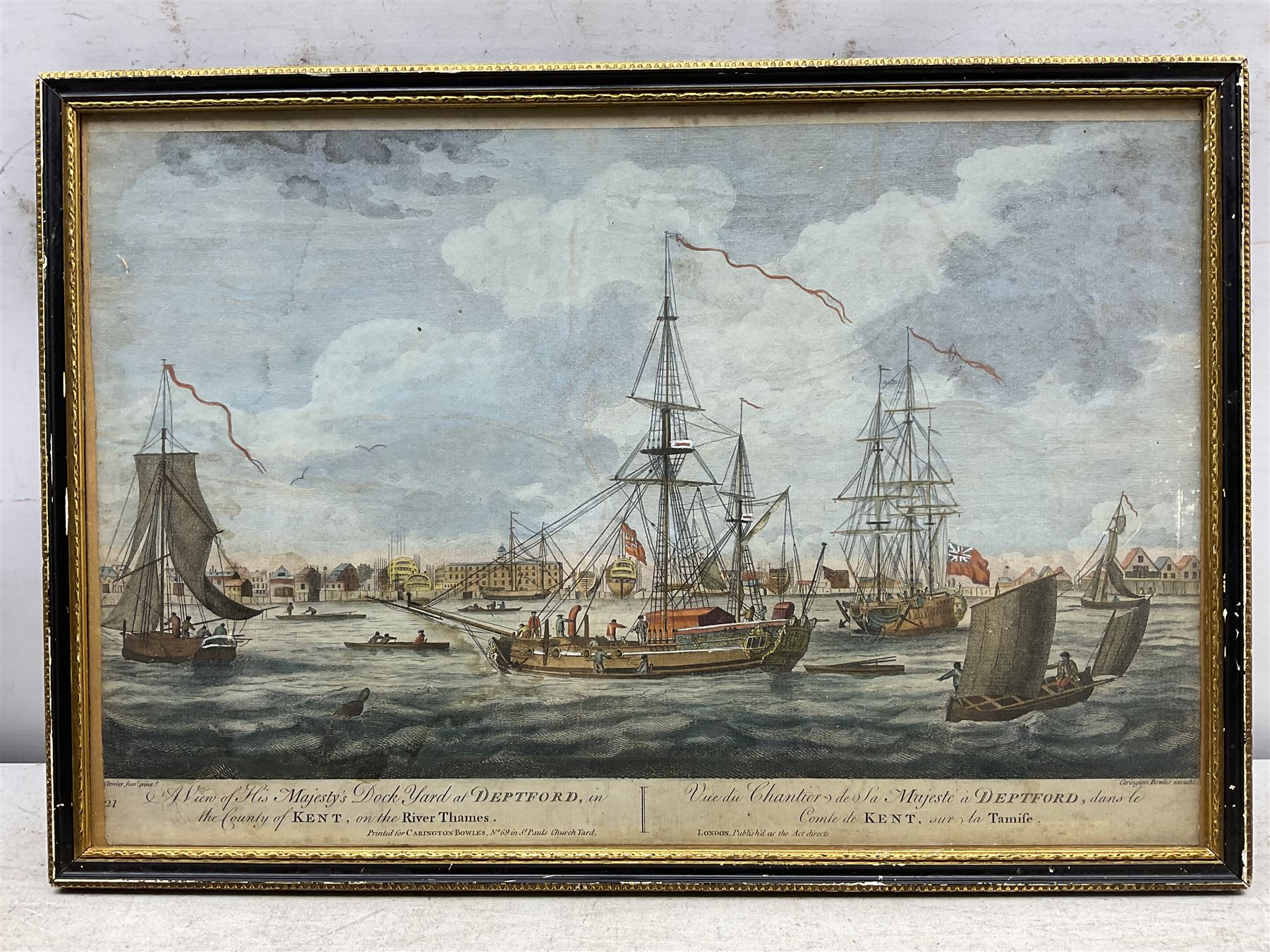 Carington Bowles (British 1724-1793) after John Cleveley the Younger (British 1747-1786) : 'A View of His Majesty's Dock Yard at Deptford', hand-coloured engraving pub. 1772, 24cm x 41cm 