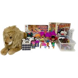 Collection of various toys to include Troll dolls, Guess Who, stuffed toy lion, Shark Chase, Shark Alert, Thomas and Friends Ready bed, and costume jewellery etc