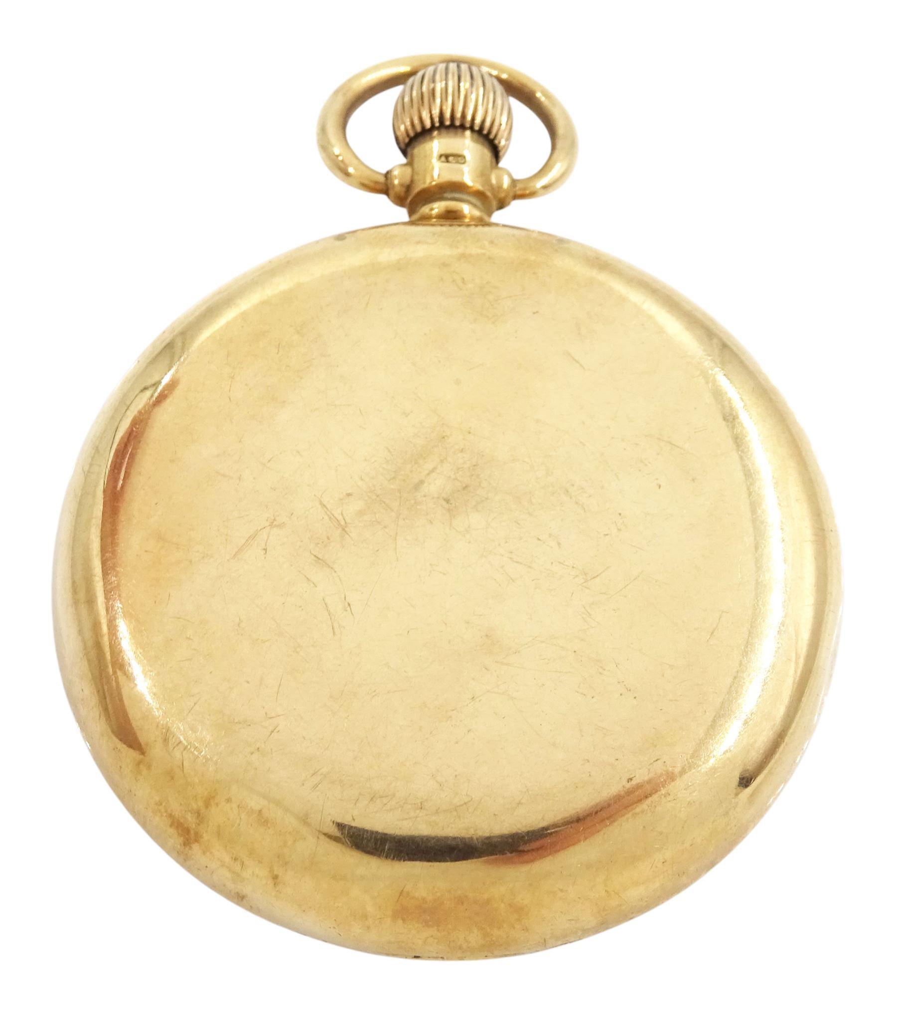 Early 20th century 9ct gold open face 'Tempus Fugit' keyless lever pocket watch by Thomas Russell & Sons, Liverpool, No. 33820, white enamel dial with Roman numeral hour markers and subsidiary seconds dial, case by Dennison, Birmingham  1921