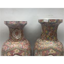Pair of floor vases, with floral decoration on a pink ground, together with a jug and spelter figure, vases H60cm (4)