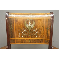  Edwardian brass inlaid mahogany open armchair, curved rosewood splat inlaid with brass and bone foliage and winged angel, stuffed over seat on square tapered supports with acanthus carved feet, H91cm  