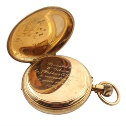  Early 20th century 9ct gold full hunter pocket watch by Sir John Bennett Ltd, No.40280, top wound, inner dust cover inscribed Presented to W.Gibson by J.Halden & Co... in recognition of 26 years service...', London 1923, cased  Notes: W.Gibson was director of J Halden Scientific instrument makers in Redditch   
