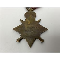 WW1 group of three medals comprising British War Medal, Victory Medal and 1914-15 Star awarded to 90434 Gnr. R.G. Rhodes R.F.A./R.A.; all with ribbons