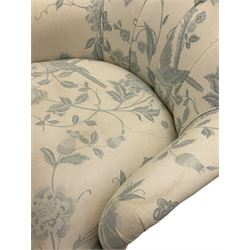 Victorian style bedroom chair, upholstered in light fabric decorated with birds and foliate, turned front feet