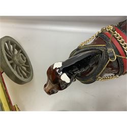 Two ceramic shire horse and gypsy caravans, together with horse brasses 