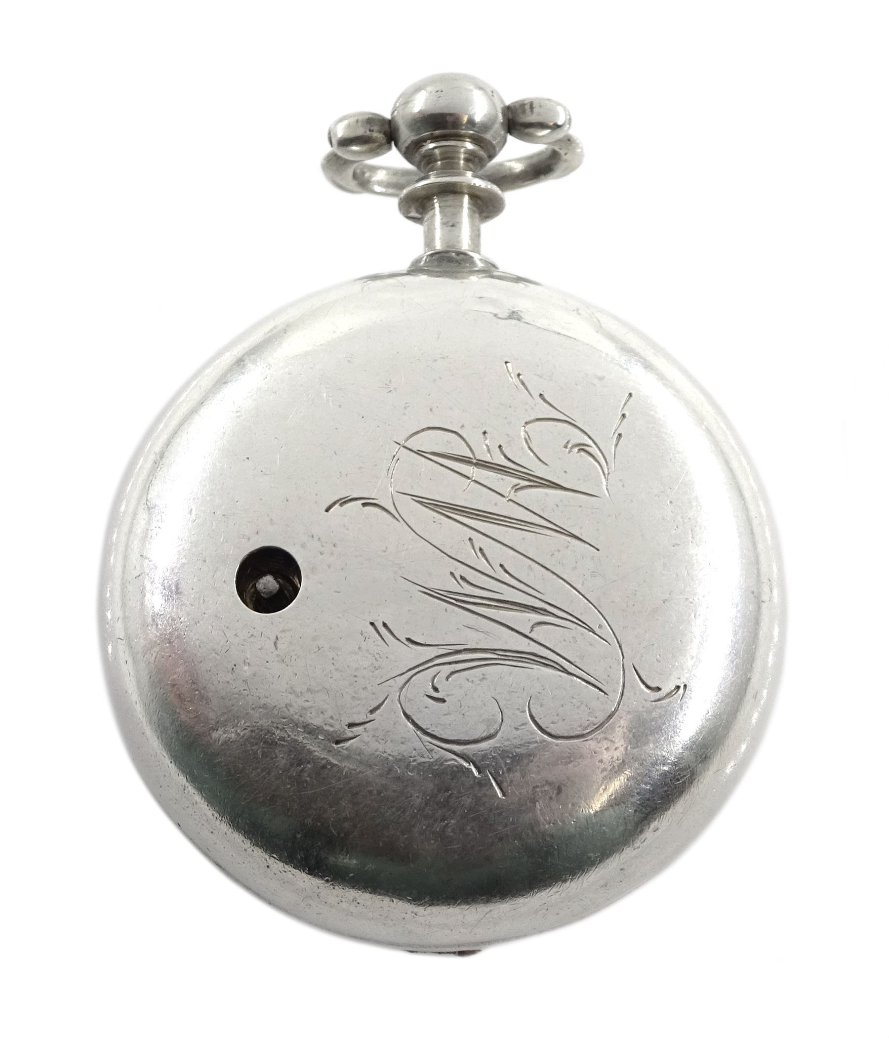 George III silver pair cased verge fusee pocket watch by David Crawford, Newcastle, No. 671, square baluster pillars, pierced and engraved balance cock, enamel polychrome dial depicting a figure fishing by a bridge, Roman hours and Arabic outer minute ring, beetle and poker hands, bull's eye glass, case markers mark D.P, London 1771