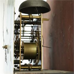 Late 18th century-8-day mahogany longcase clock c 1780, with a break arch pediment and conforming hood door beneath, door flanked by reeded capitals with brass capitals, plain mahogany trunk with a figured veneer door and break ach top, plinth with inlayed border raised on a shaped base, early painted dial with matching blue painted scroll spandrels and a depiction of a classical urn to the arch, with a subsidiary seconds dial, original steel hands, Roman numerals, five-minute Arabic's and minute markers, dial pinned via an early 