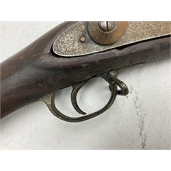 20th century Indian percussion military musket, approximately 20-bore, the 96.5cm barrel with three bands, the steel lock-plate marked 1862 Enfield, walnut full stock with brass fittings and under barrel ramrod channel L140.5cm overall