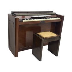 Evestaff - Minipiano early 20th century mahogany cased upright piano, with stool, compact upright form with streamlined mahogany case, full keyboard over two brass pedals, together with matching piano stool