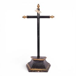 19th century black lacquered crucifix, with gilt detail upon a stepped base, H88cm   