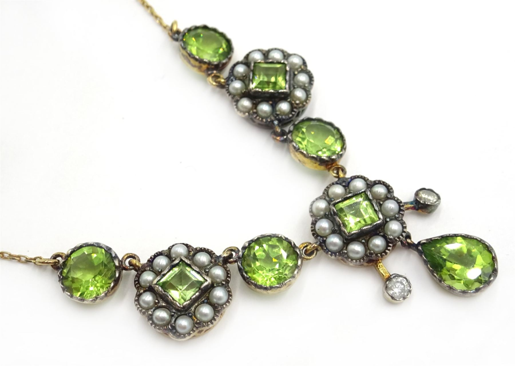 Peridot, seed pearl and diamond gold and silvergilt necklace, stamped