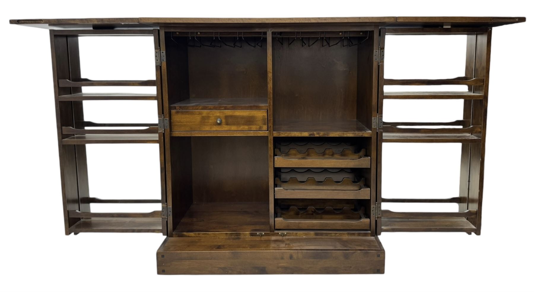 Laura Ashley - contemporary 'Garret' birch and dark chestnut finish bar cabinet, rectangular top with fold-out sides, double front doors enclosing shelving, wine racks, and glass storage, built-in stemware racks and bottle compartments, raised on plinth base