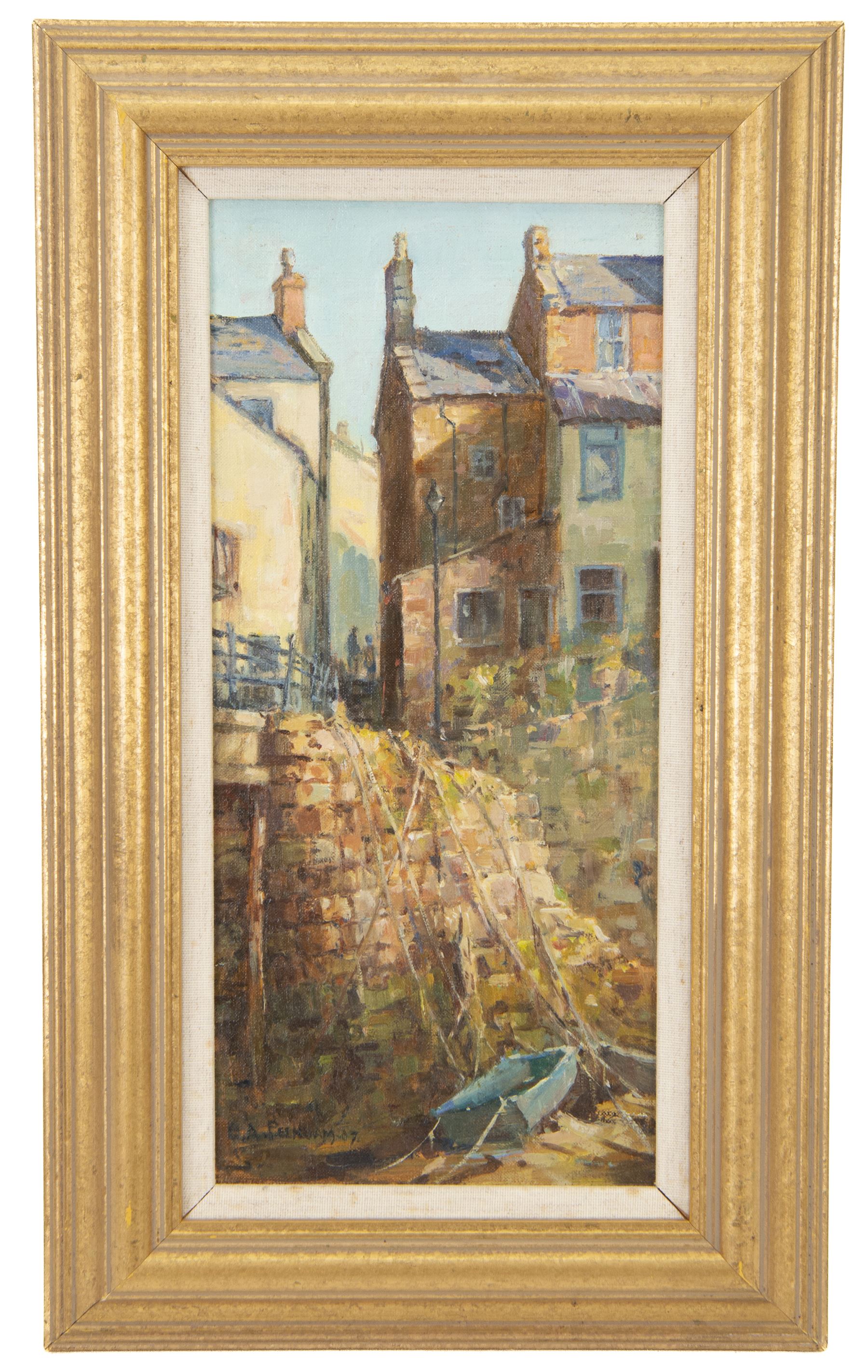 Barry Arthur Peckham ROI SEA RSMA (British 1945-): 'The Alleyway Staithes', oil on board signed and dated '07, 31cm x 14cm
Provenance: purchased Talents Fine Art, Malton, Yorkshire, labelled verso