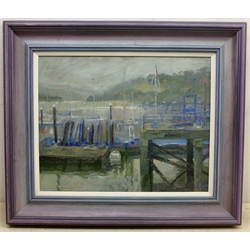 Martin Dutton (British Contemporary): 'Overcast Day Noss Dart Marina' Dartmouth, oil on canvas signed, titled verso with artist's address label 39cm x 49cm