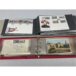 Stamps including Ilse of Man, Guernsey, Jersey and Great British first day covers, some with special postmarks, various air mail items etc, housed in fifteen albums / folders, in one box