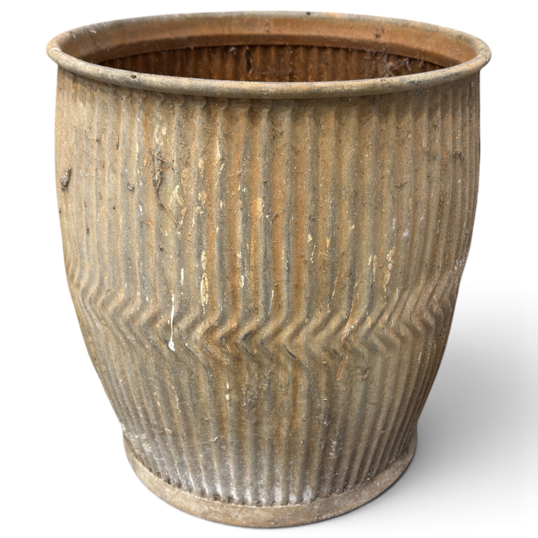 Collection of three ribbed galvanised dolly tubs with chevron detail, one retaining ‘The Popular Tub’ label, together with two white enamel buckets and a galvanised bucket, each with swing handle, max W46cm H53cm