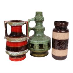 Two West German fat lava vases, together with a lamp base, largest H50cm