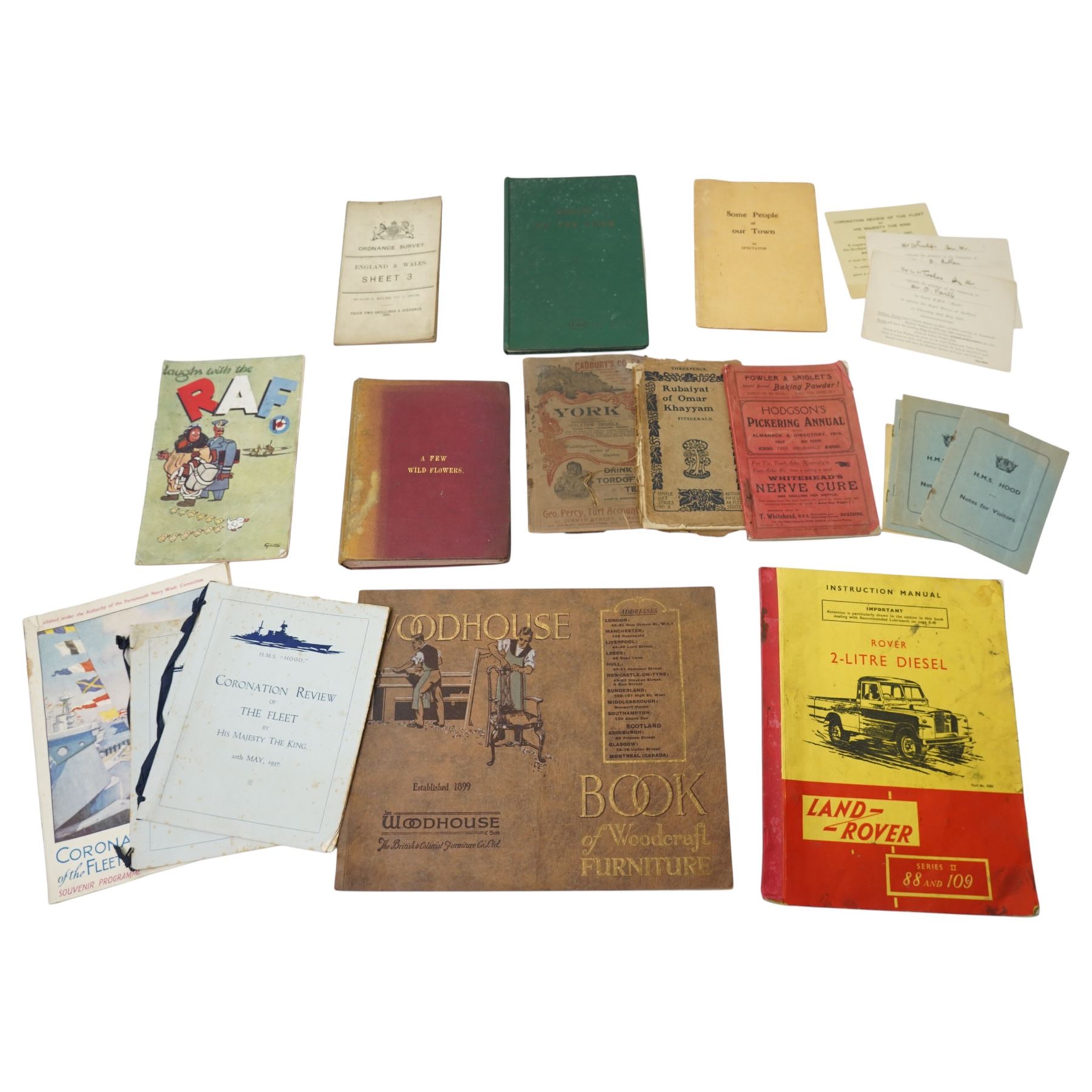 1958 Instruction Manual for Land Rover Series II 88 and 109, Victorian volume 'A Few Wild Flowers' with pressed leaves and descriptions, Hodgson's Pickering Annual 1913, 'Some People of our Town' by Spectator 1943, pub. Malton Gazette, early catalogue for Woodhouse Furniture etc