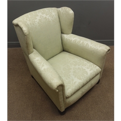  Early 20th century wingback armchair, upholstered in light green Damask fabric  