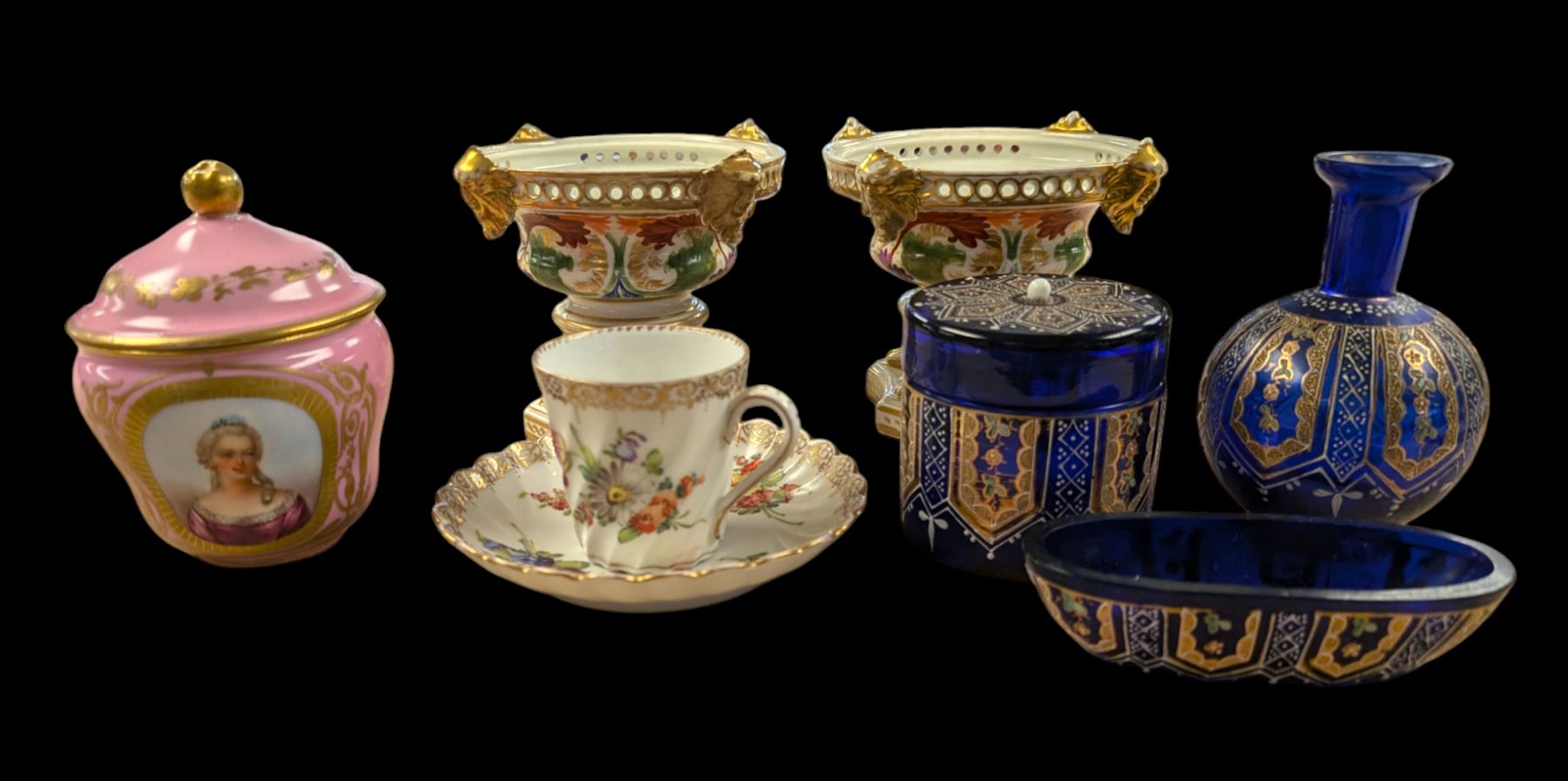 Two Royal Crown Derby pot pourri, Dresden teacup and saucer, three blue glass dressing table items, etc 