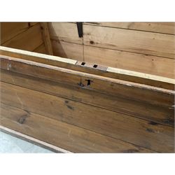 Victorian pine blanket box, hinged top, iron carrying handles