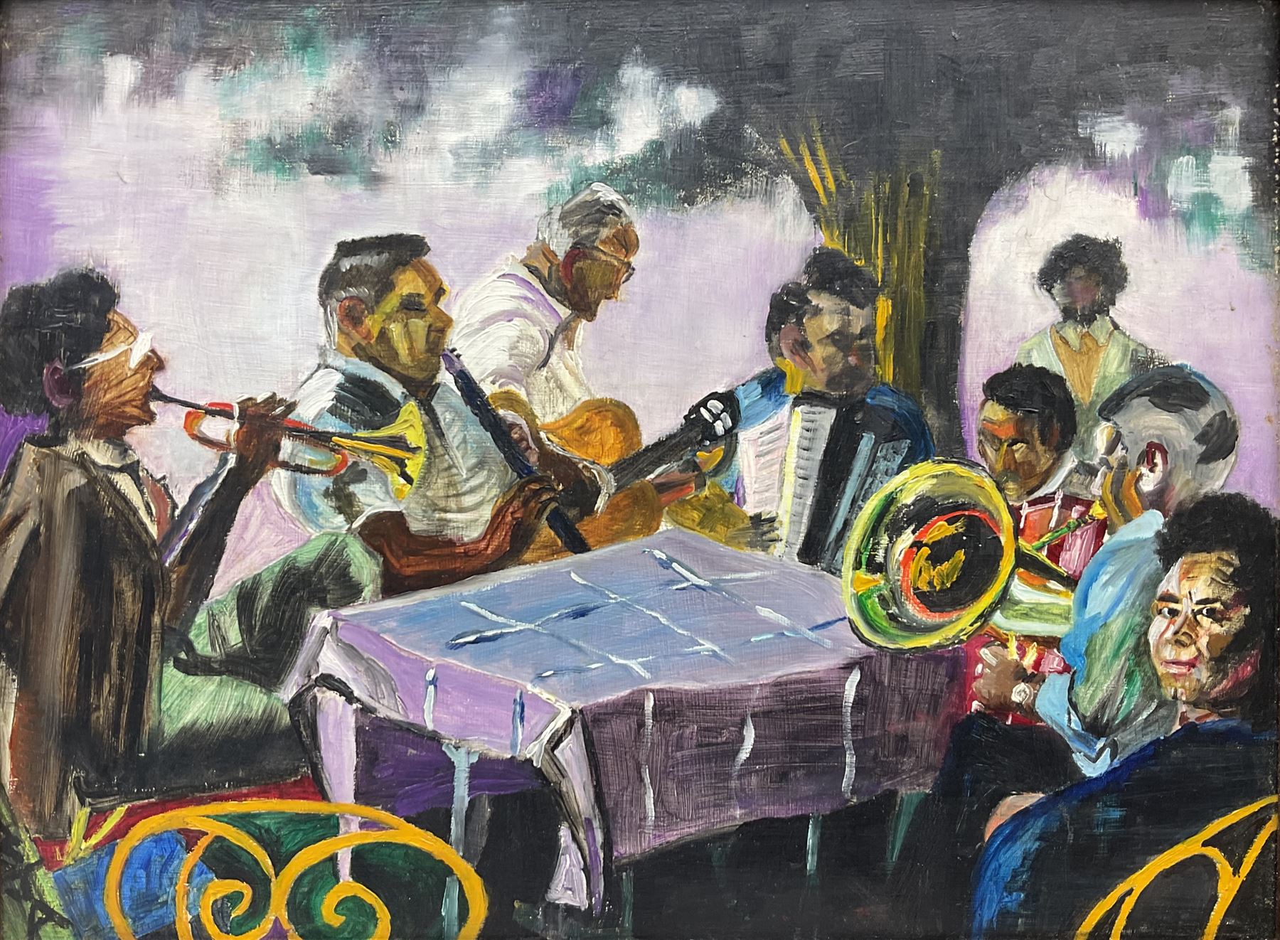 Sue Atkinson (Northern British 1949-2021): 'Bellagio Musicians - Lake Como, oil on canvas signed with initials, titled on label verso 30cm x 40cm