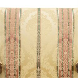 Pair of French Louis XIV design carved walnut open throne armchairs, high back and sprung seat upholstered in foliate damask fabric, acanthus carved scroll form arms over reeded and scrolled supports united by shaped stretcher