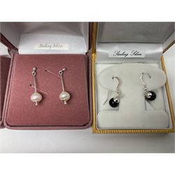 Eight pairs of silver stone set earrings, including pearl, agate, amber and turquoise examples, all stamped and boxed