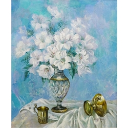  Gregori (Lysechko) Lyssetchko (Russian 1939-): Sill Life of Lilies in a Cut Glass Vase, oil on canvas signed and dated 2002, 64cm x 53cm   
