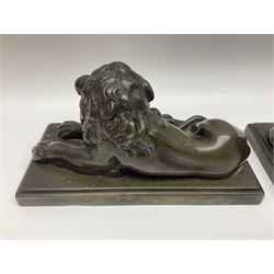 Pair of bronze figures of a lion and a lioness, each modelled in recumbent pose upon a rectangular plinth