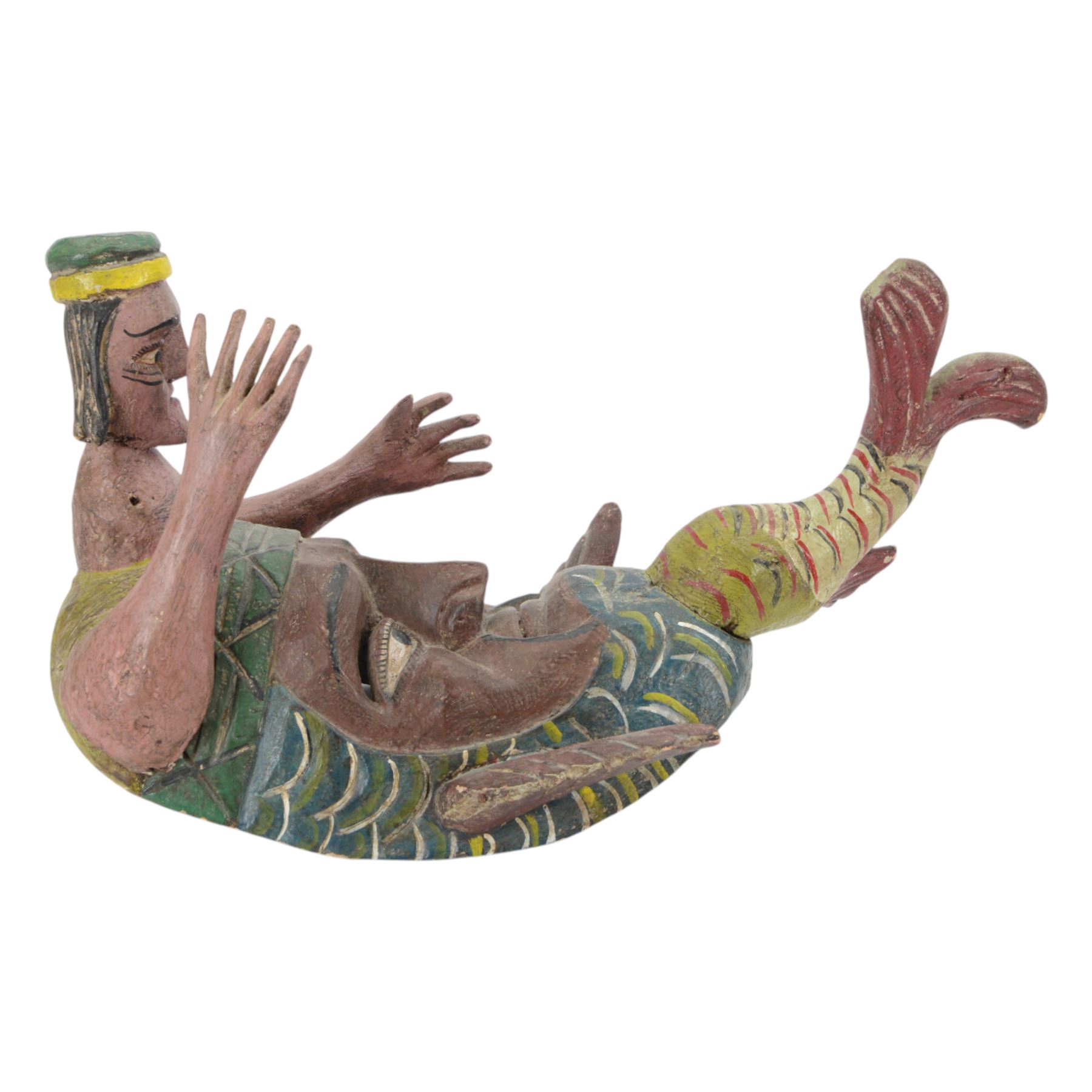 Carved folk art mask, modelled as a merman, hand painted, H50cm 