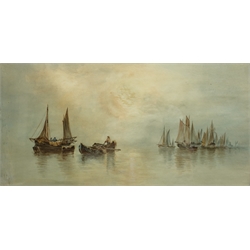  Circle of Garman Morris (British fl.1900-1930): Fishing Fleet on a Calm Sea, watercolour unsigned 25cm x 50cm  
