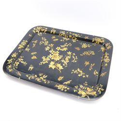 Large 19th century black lacquered papier-mâché tray, of rounded rectangular form, painted in gilt with floral sprays and butterflies, W77cm D58.5cm