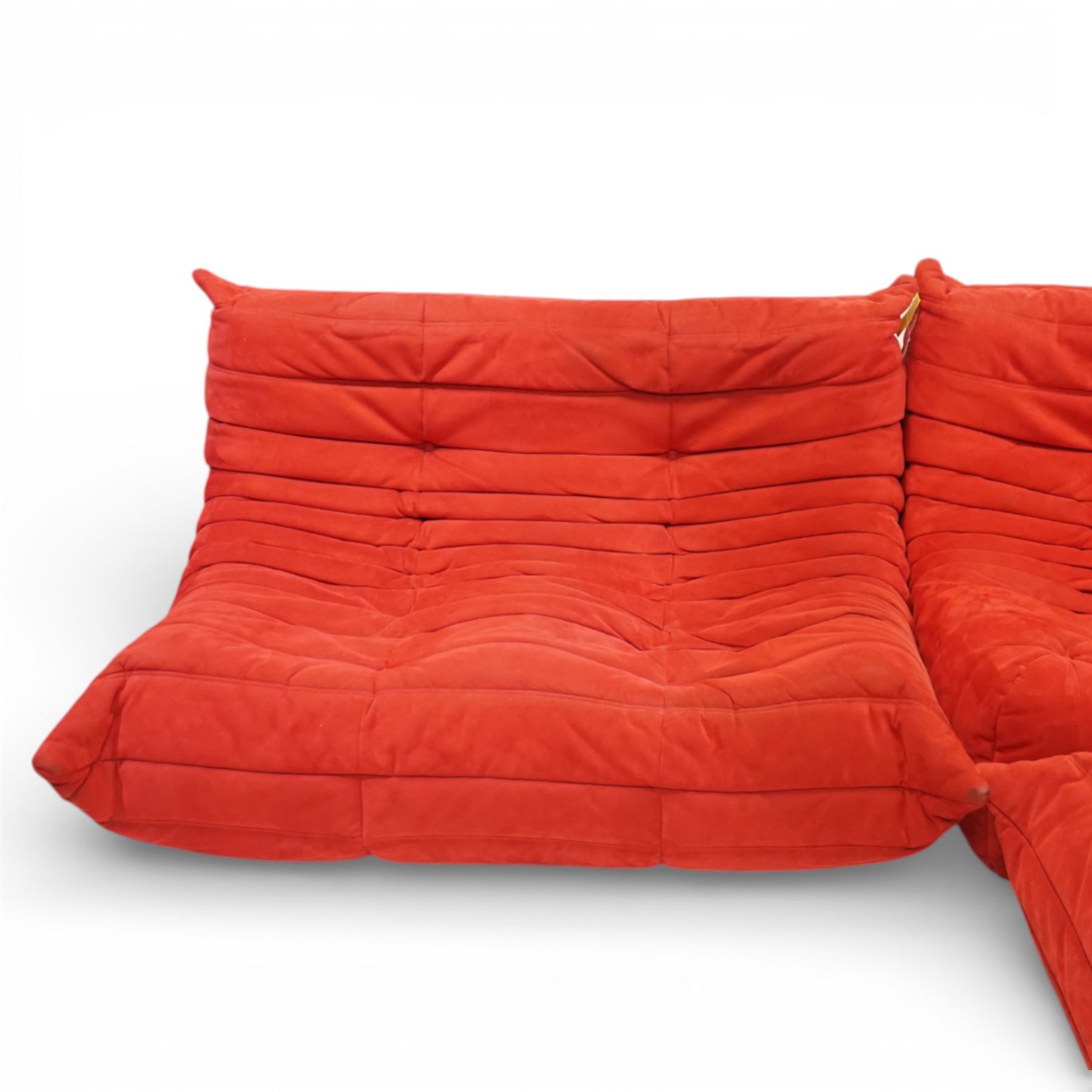 Michel Ducaroy (1925-2009) for Ligne Roset - contemporary ‘Togo’ sectional complete corner sofa upholstered in Alcantara Goya Red, comprising small settee (H 78cm, W 123cm, D 90cm), corner seat (H 78cm, W 90cm, D 90cm) and large settee (H 78cm, W 175cm, D 90cm)