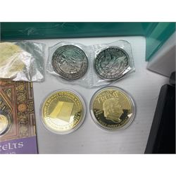 Quantity of reproduction and fantasy coins and tokens to include erotic examples, and three empty coin display boxes