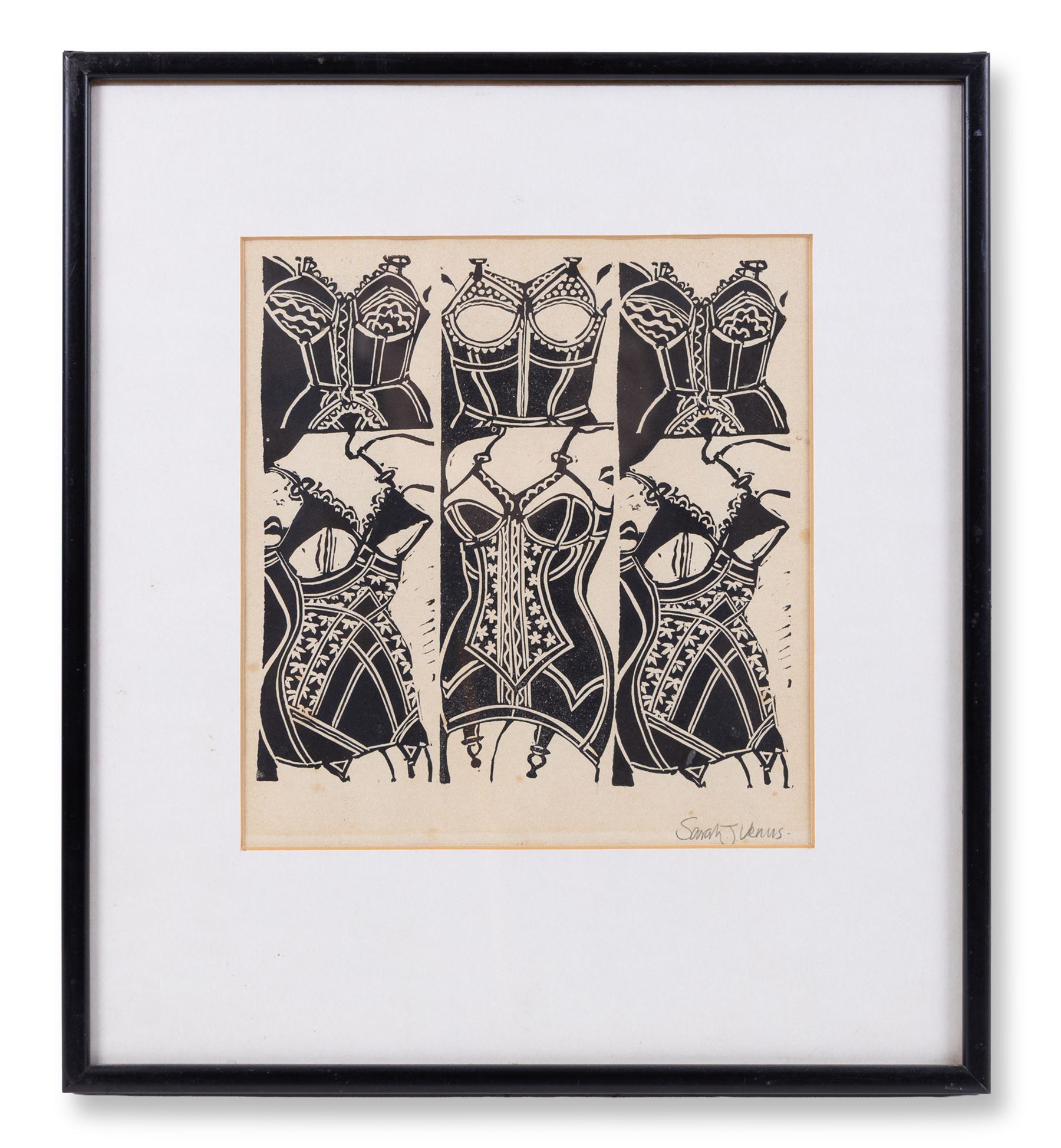 Alan Coates (British Contemporary): 'Nude 4', limited edition etching No.3/12 signed and titled 20cm x 14cm; Sarah J Venus (British Contemporary): Corsets, lino cut 21cm x 19cm; William 