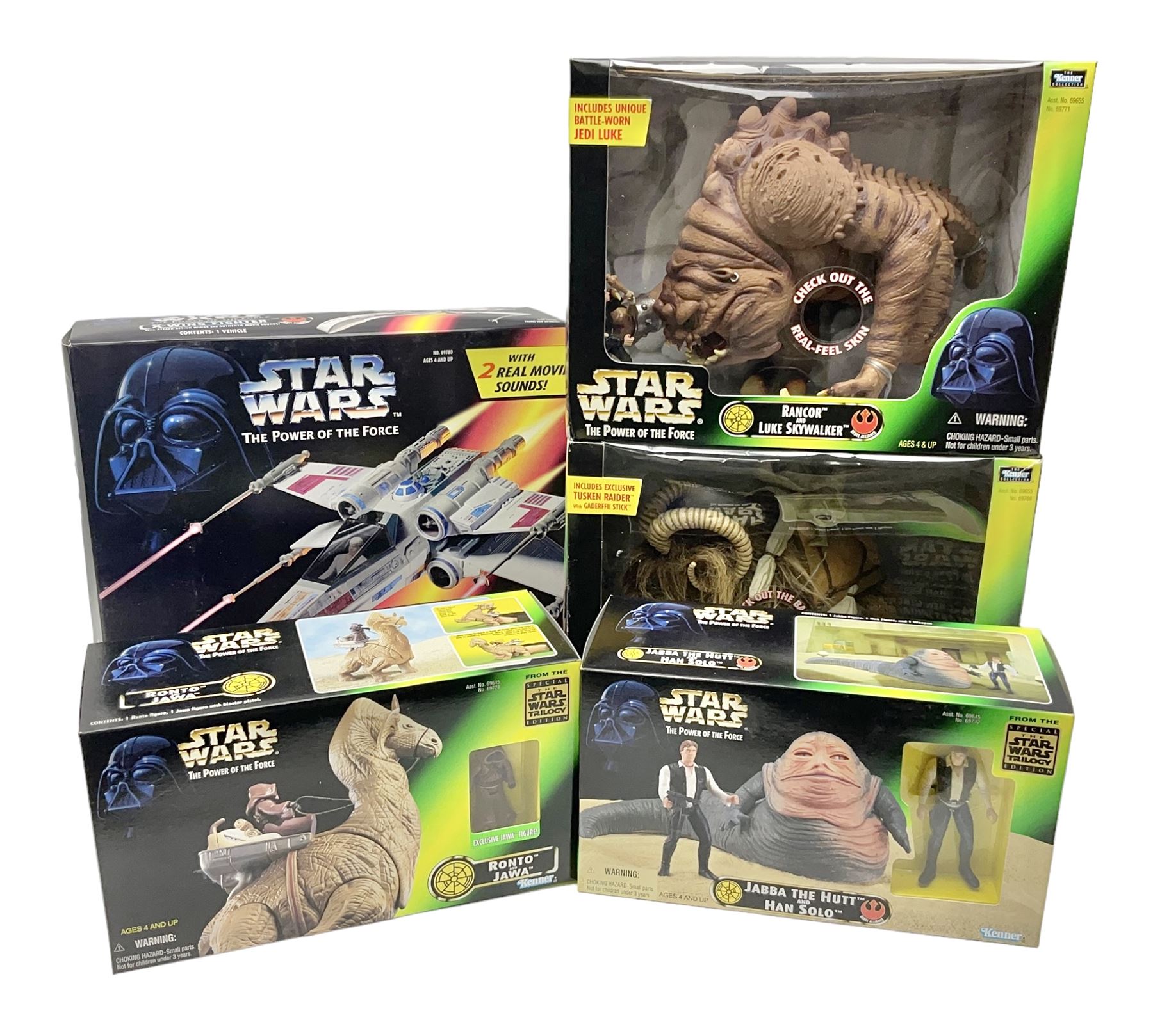 Star Wars - The Power of the Force - Electronic X-Wing Fighter; Rancor and Luke Skywalker; Bantha and Tusken Raider; Jabba the Hutt and Han Solo; and Ronto and Jawa; all in sealed boxes (5)