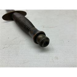 Fairburn and Sykes Commando fighting knife, 3rd pattern with 17cm double edged blade and copperised grip; no markings; in cut-down plain leather sheath L31.5cm