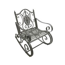 Regency design wrought metal rocking garden bench armchair, pierced back with scroll design over strap seat, with C-scroll back supports, in antique grey finish